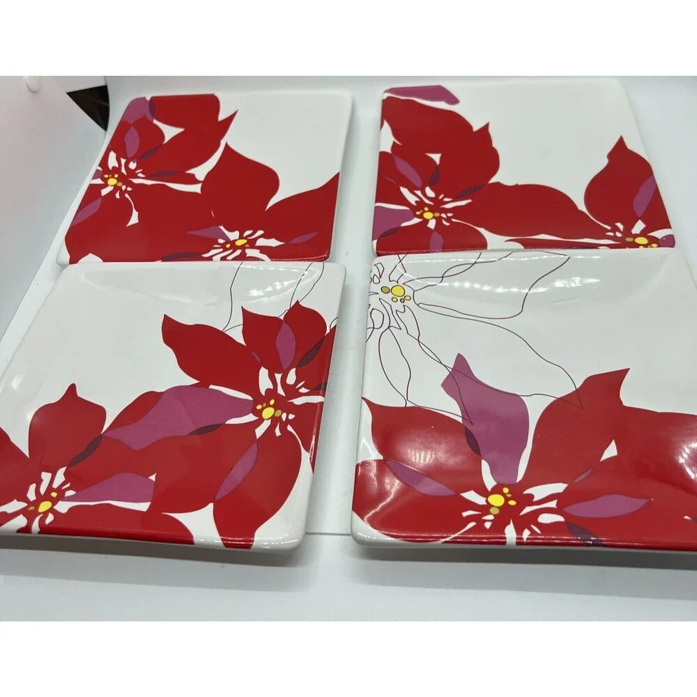 Set of 4 Department 56 Small Holiday plates square pink floral flower white red